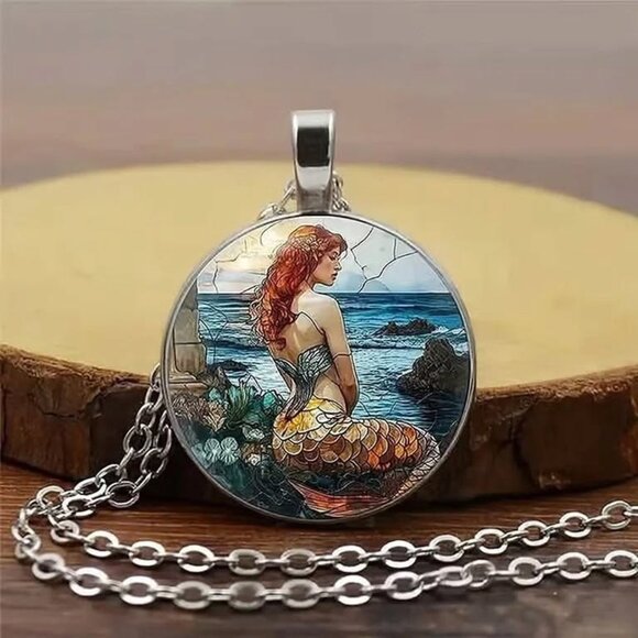 Silver MERMAID Glass Cabochon Pendant Necklace - Picture 1 of 3